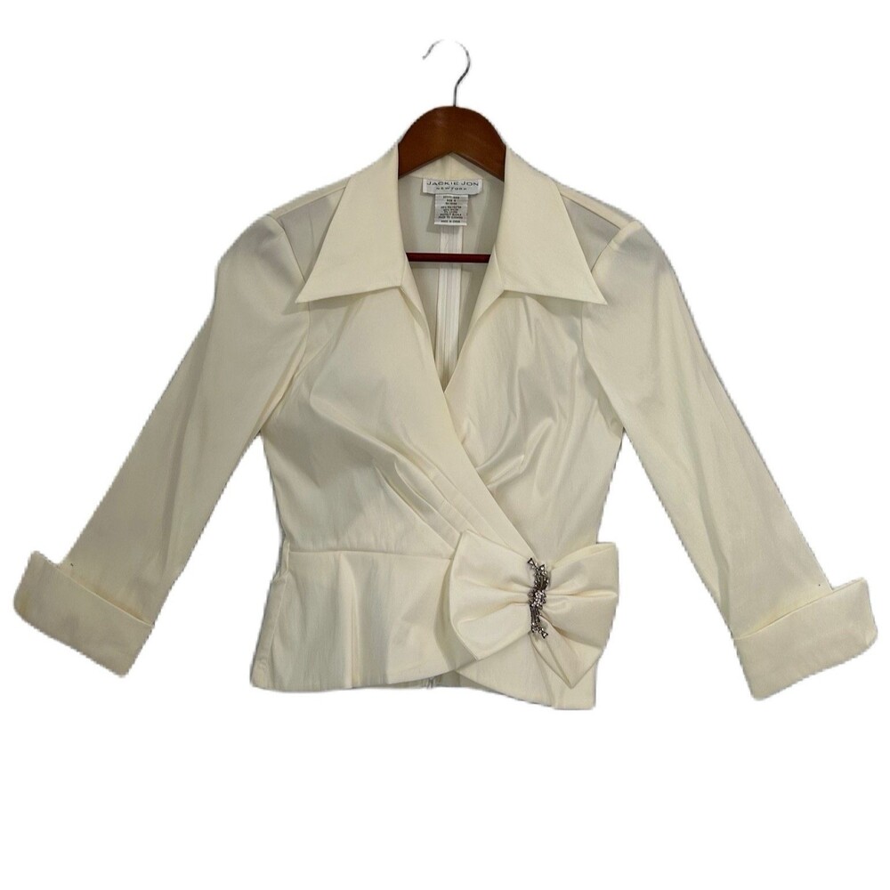 Jackie Jon Evening Blouse Women 4 Ivory Taffeta Rhinestone Cuff Wrap Elegant VTG